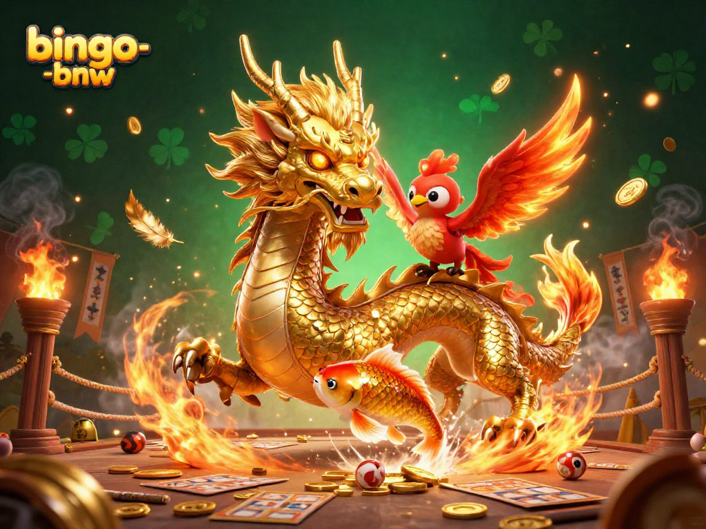 Engage in Super Bingo thrills with bingo-bnw featuring a dragon, phoenix, and koi fish.