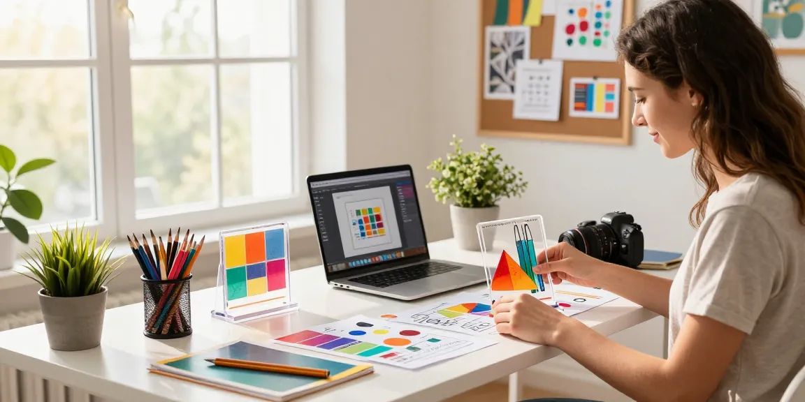 Custom acrylic standee designer arranging vibrant designs in a home office.