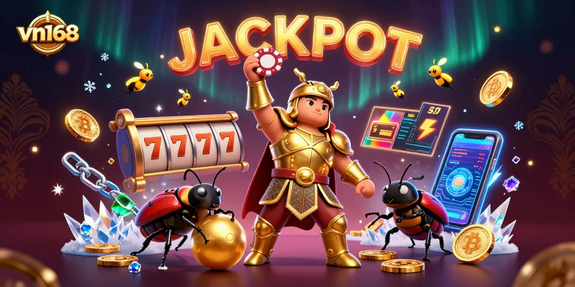 Win big with vn168 as the hercules beetle lifts a poker chip in a vibrant casino scene.