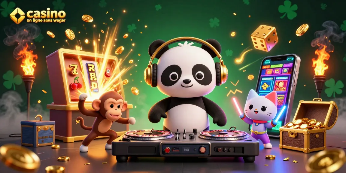 Profitez d'un casino en ligne sans wager avec un panda DJ, un singe danseur et un chat en rave, entourés de jackpots et de gains.