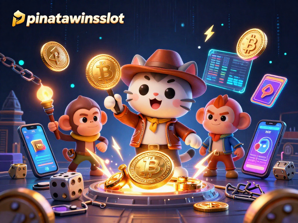 Engage with pinatawinsslot in a vibrant 3D casino adventure featuring dynamic characters and tokens.
