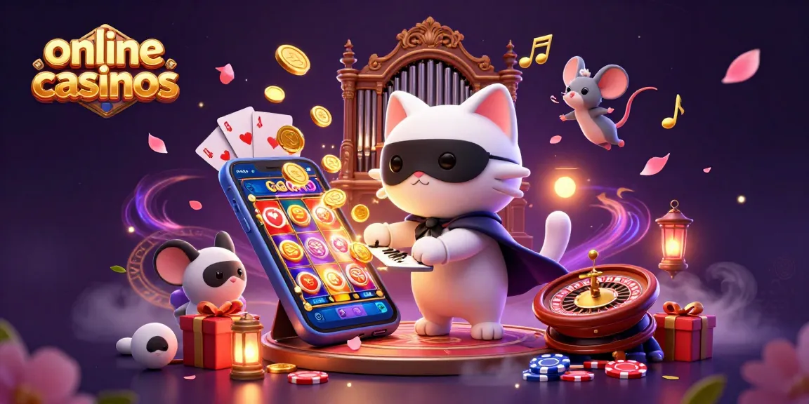 Engage with online casinos featuring a whimsical 3D casino scene with a cat and mouse acrobat.