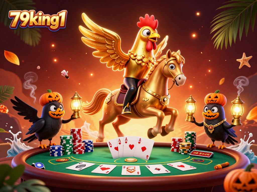 Engage with 79king1's casino adventure featuring a golden rooster and poker elements galore.