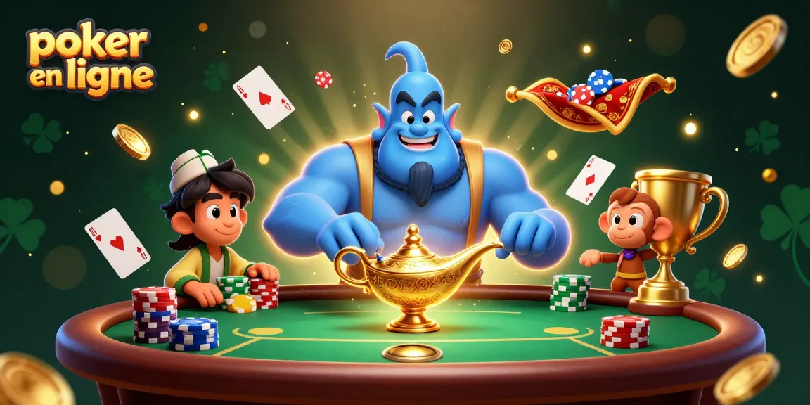 Jouez au poker en ligne avec des jetons et un génie dans une scène remplie de stratégie et d'aventure.
