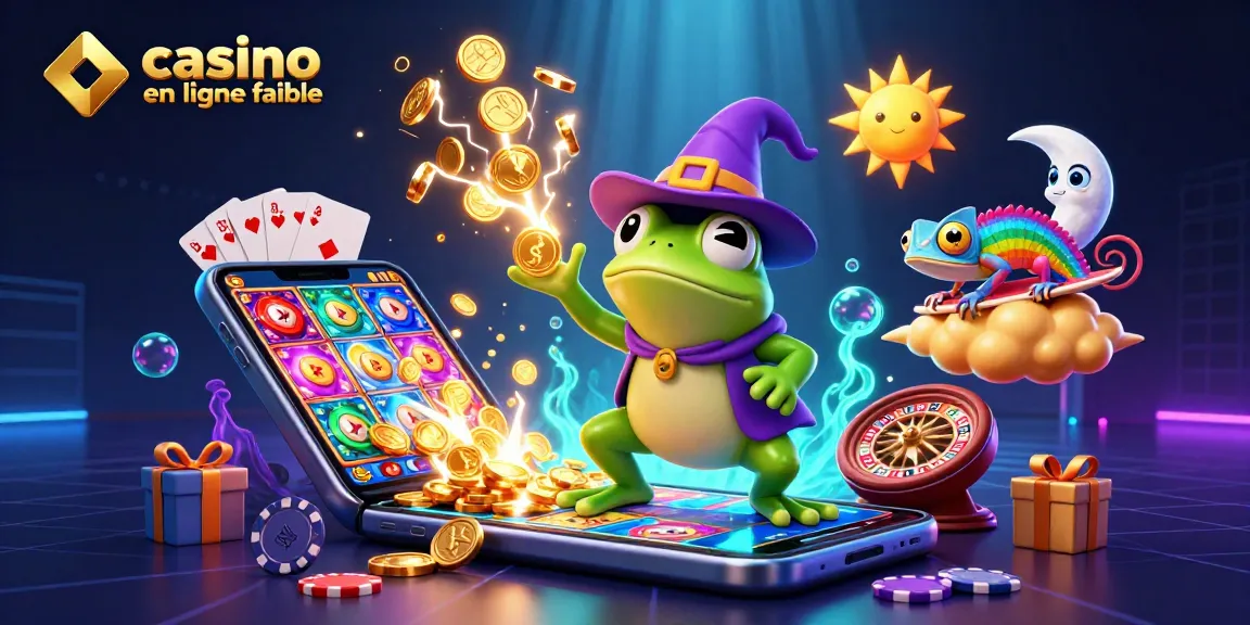 Profitez d'un casino en ligne fiable avec un mage grenouille et un caméléon surfant sur un nuage doré.