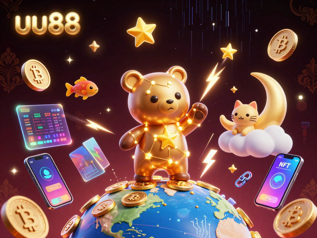 Experience big wins with uu88 in this vibrant 3D casino illustration filled with gold coins and crypto elements.