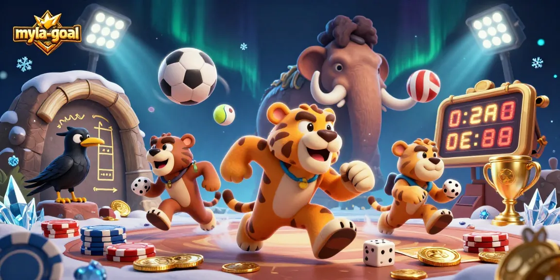 Experience thrilling action in myla-goal with caveman duo and sports elements in this vibrant 3D illustration.