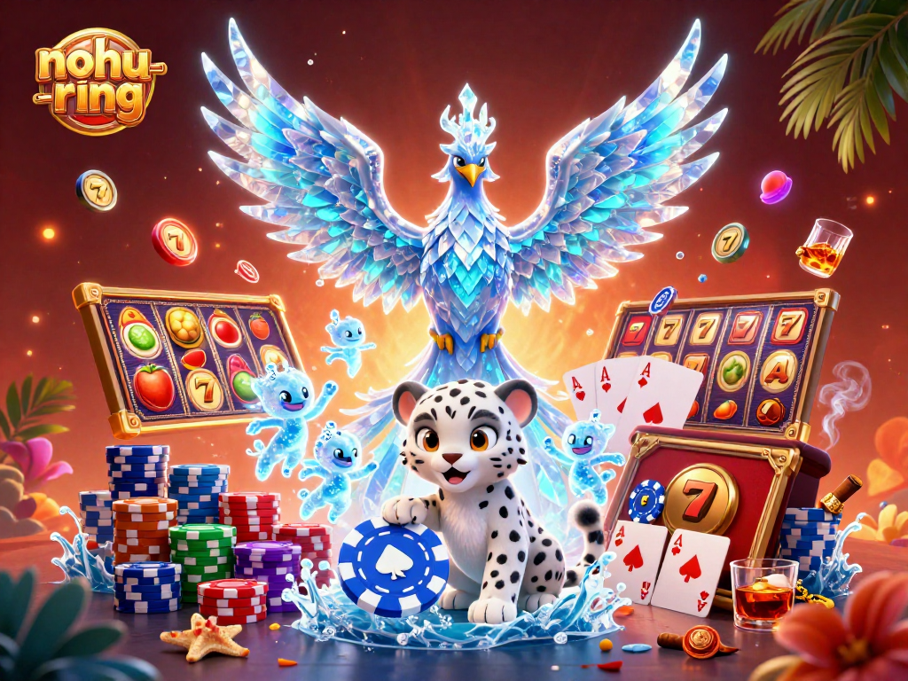 Spin the reels in nohu-ring with an ice phoenix and poker chip amidst a vibrant casino scene