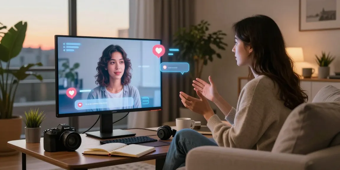 Engaging conversation with an AI girlfriend in a cozy living room setting, highlighting modern emotional connections.