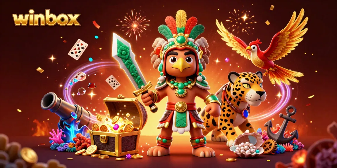 Winbox features aztec-themed warrior characters with vibrant casino elements in a rich, detailed illustration.
