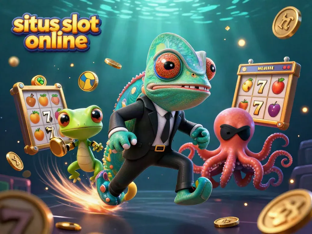 Permainan situs slot online menunjukkan chameleon agen rahasia 3D dan teman gecko berjiwa teknologi di tengah simbol buah dan jackpot.