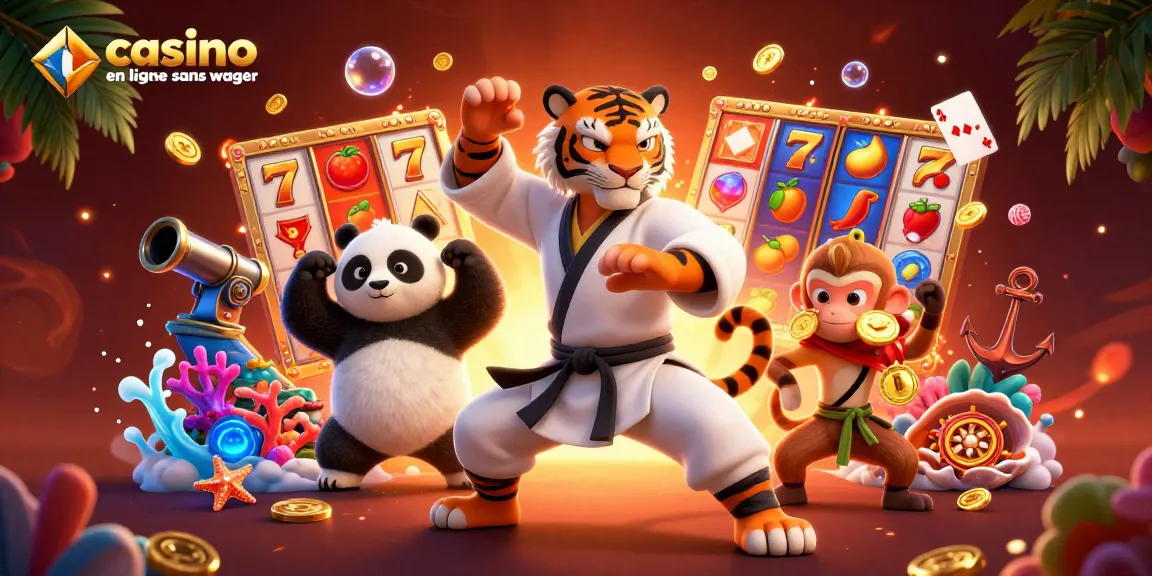 Illustration dynamique représentant un tigre kung fu et un panda avec le texte 'casino en ligne sans wager'.