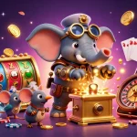 Experience the thrill as you lưu video tik tok with a steampunk elephant spinning a golden slot machine amidst vibrant casino elements.