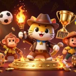 ht368 showcases an archaeologist cat and monkey unlocking golden gaming treasures in a dynamic casino scene.