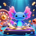 Engage in excitement at 82vn with vibrant casino elements, featuring a neon DJ, coins, and poker chips.