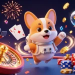 Engage with gacor slots as a playful astronaut corgi navigates a floating casino scene filled with coins and jackpots.