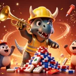 Experience the thrill with Sunwin as a triceratops builds poker chip towers amidst colorful festive elements.