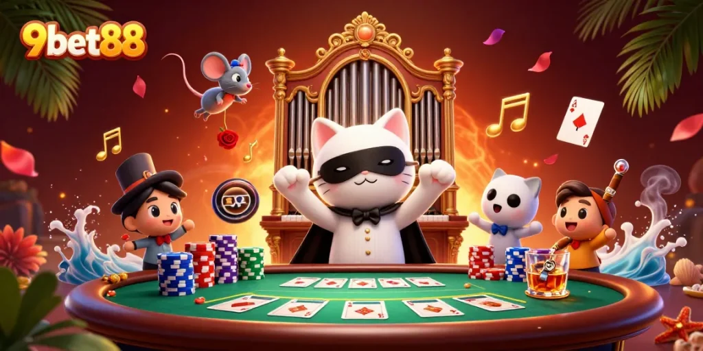 Experience the thrill of 9bet88 at a vivid casino scene filled with poker excitement and dynamic characters.