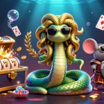 Illustration d'un casino en ligne France légal avec des personnages fantasy jouant aux machines à sous.