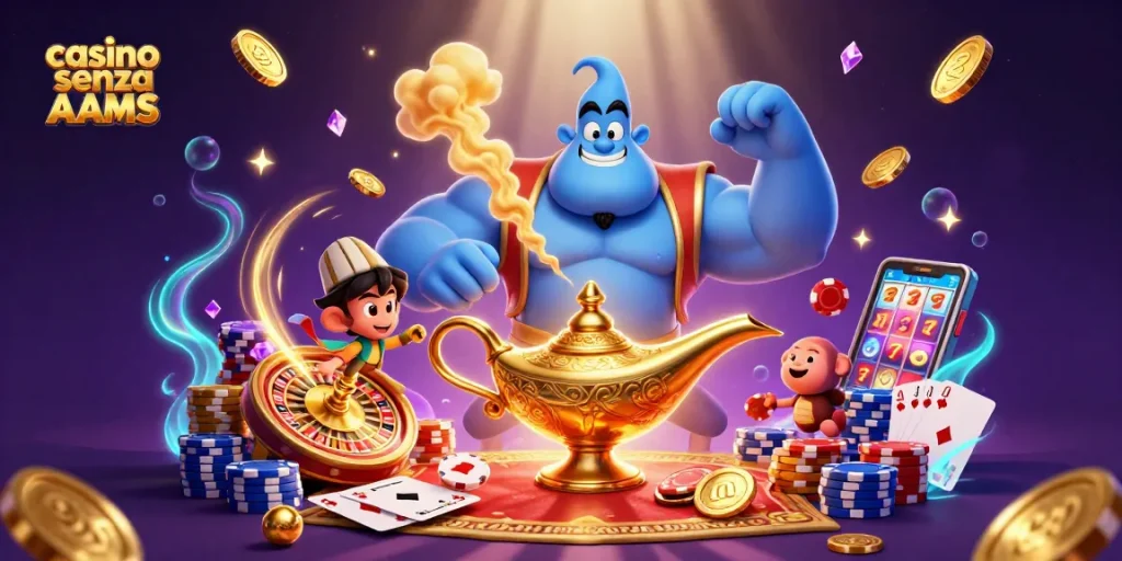 Vinci nei casino senza AAMS, godendo di slot e giochi emozionanti in un'illustrazione vibrante.