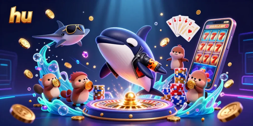 Join the excitement at hu as our orca whale jumps for golden coins in a vibrant underwater casino scene.