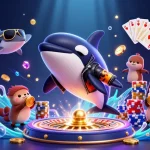 Join the excitement at hu as our orca whale jumps for golden coins in a vibrant underwater casino scene.
