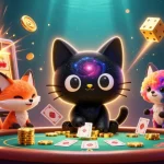 Illustration d'un casino en ligne légal en France avec un chat noir gravitationnel et une renarde nébuleuse, illustrant des jeux.
