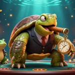 Une scène de casino en ligne fiable avec une tortue massive en costume et ses gardes, entourée de machines à sous et d'éléments brillants.