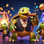 Illustration dynamique sur le thème du casino en ligne France légal, mettant en scène une tortue et des grenouilles entourées d'éléments de jeu.