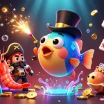 Win golden coins with myhm88 in this vibrant 3D casino illustration featuring sea creatures and festive decorations.