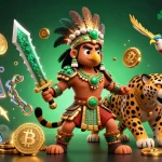 Engage with blue88a in this vibrant 3D casino scene, featuring iconic Aztec warriors and digital currency elements.