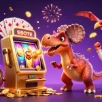 Engage with 84wintv as a 3D dinosaur heads for jackpots, creating a vivid casino scene.