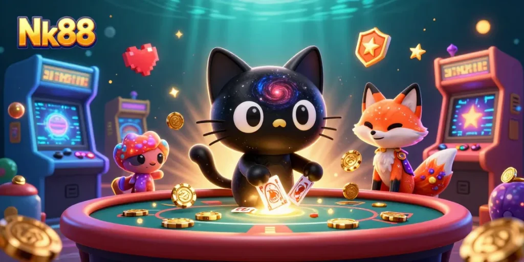 Nk88 cosmic casino scene featuring a black hole cat attracting chips and cards in a vibrant 3D illustration.