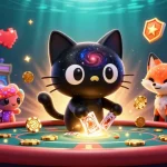 Nk88 cosmic casino scene featuring a black hole cat attracting chips and cards in a vibrant 3D illustration.