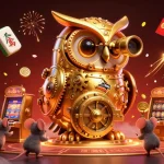 Image dynamique de "casino en ligne france légal" avec hibou en or et machines à sous, offrant une expérience immersive.