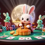 Engage in a thrilling nk88 casino experience with a moon rabbit and poker elements in a vibrant scene.