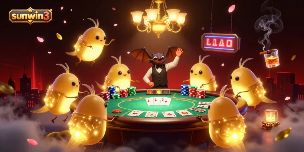 Experience thrilling gameplay at sunwin3 in this vibrant casino scene with glowworms and a bat dealer.