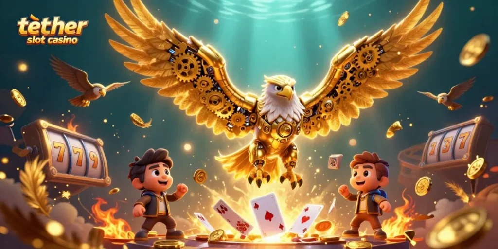 Scopri il tether slot casino tra una pioggia di carte e monete d'oro mentre l'aquila meccanica vola.