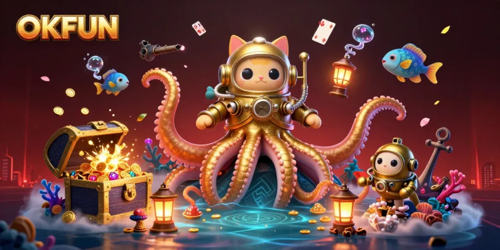 Engage in winning adventures at OKFUN with a vibrant 3D treasure scene packed with excitement.