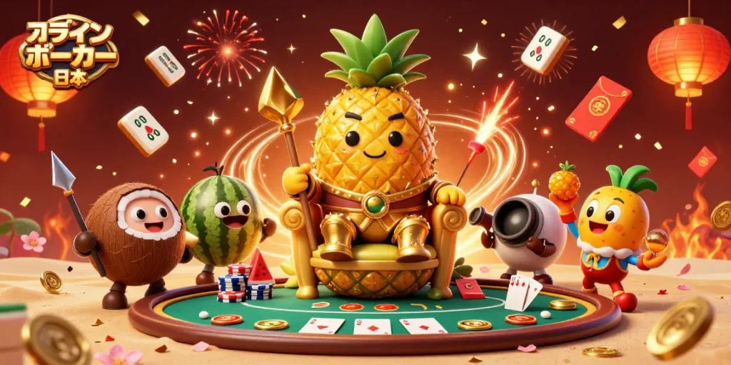 オンライン ポーカー 日本のビーチカジノで対戦するキャラクター達を描いたカラフルなイラスト