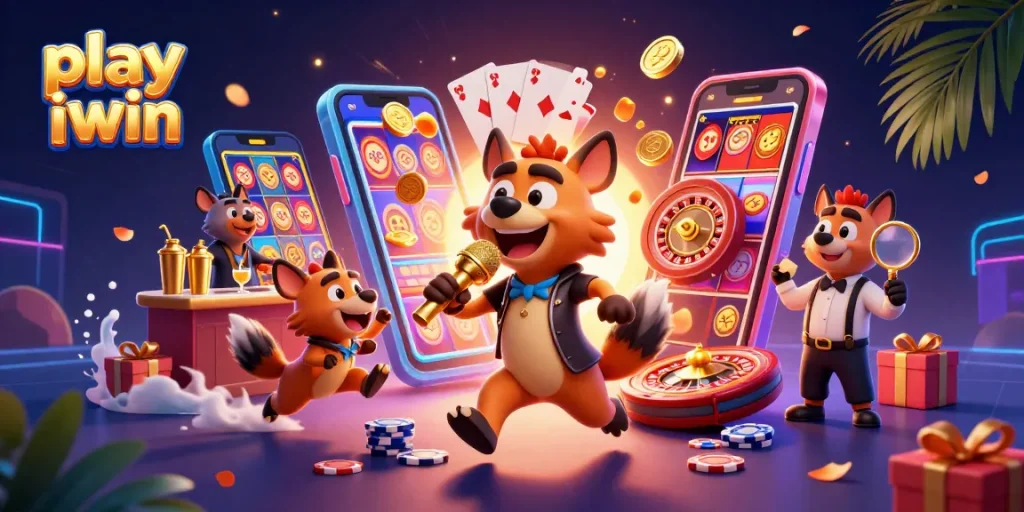 Engage and play iwin with hyena characters in a vibrant casino scene, showcasing fun gaming elements.