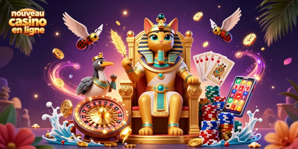 Nouveau casino en ligne : illustration 3D vibrante d'un chat égyptien sur un trône doré entouré d'éléments de jeu.