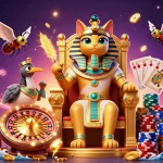 Nouveau casino en ligne : illustration 3D vibrante d'un chat égyptien sur un trône doré entouré d'éléments de jeu.