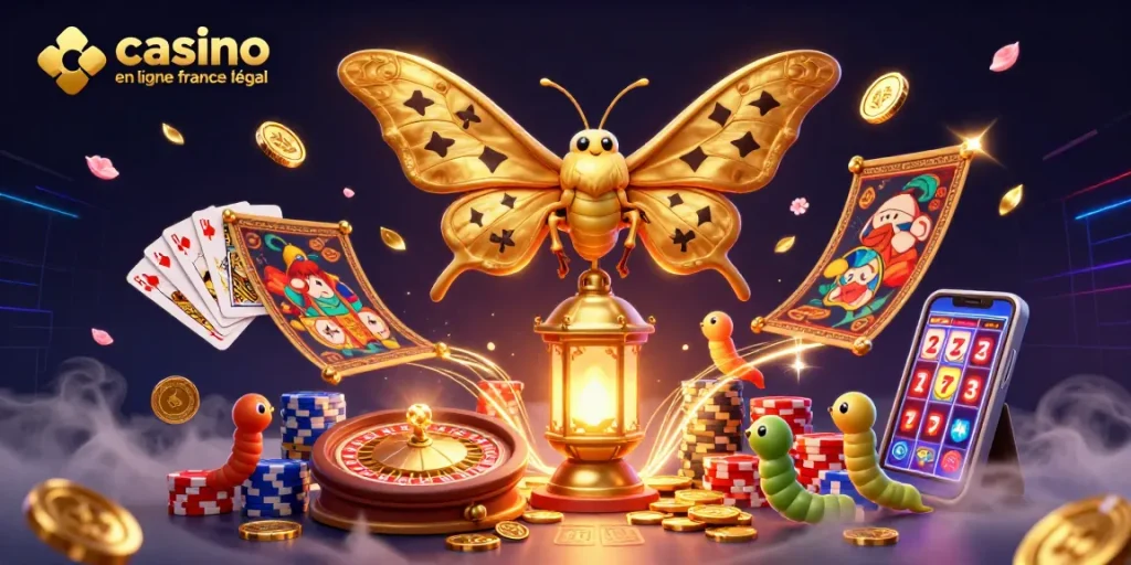 Illustration dynamique d'un casino en ligne légal en France avec des personnages de casino et des éléments de jeu en 3D.