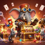 Experience the thrill with BETJILI99 as our steampunk character operates a golden slot machine.
