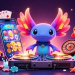 Illustration d'un DJ axolotl coloré avec des éléments de casino en ligne France légal.