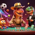 Engage with winning at Caswino888 - a dynamic casino scene featuring a velociraptor card counter.