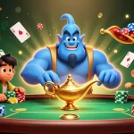 Jouez au poker en ligne avec des jetons et un génie dans une scène remplie de stratégie et d'aventure.