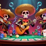 Une scène colorée de casino crypto avec des squelettes de mariachi, des pièces de Bitcoin et beaucoup d'énergie.