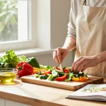 Preparing a vibrant salad with fresh ingredients in a cozy kitchen scene, emphasizing เว็บสล็อต แท้ 100 เปอร์เซ็นต์ for healthy eating.